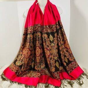 Elegant Fuchsia Pink and Black Paisley Shawl, Wrap Scarf with Fringe NEW